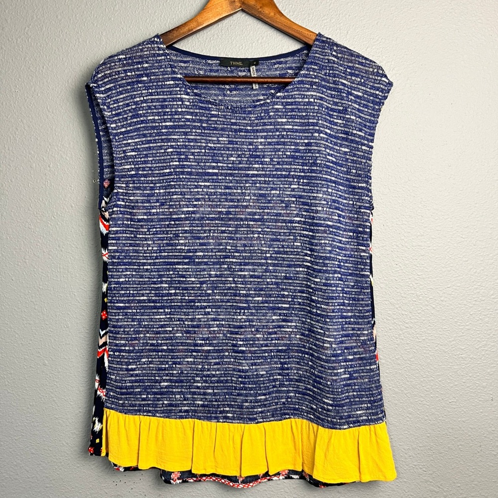 THML Med Boho Tribal Print Mixed Fabric Sleeveless Blouse Navy Yellow Ruffle Hem
